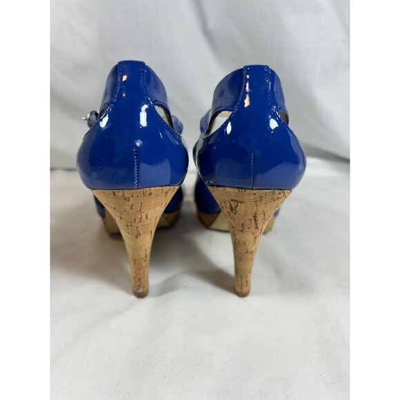 Franco Sarto Sulu Blue Patent Peep Toe Cork Heels Ankle Strap Shoes Women 8 - Picture 6 of 12